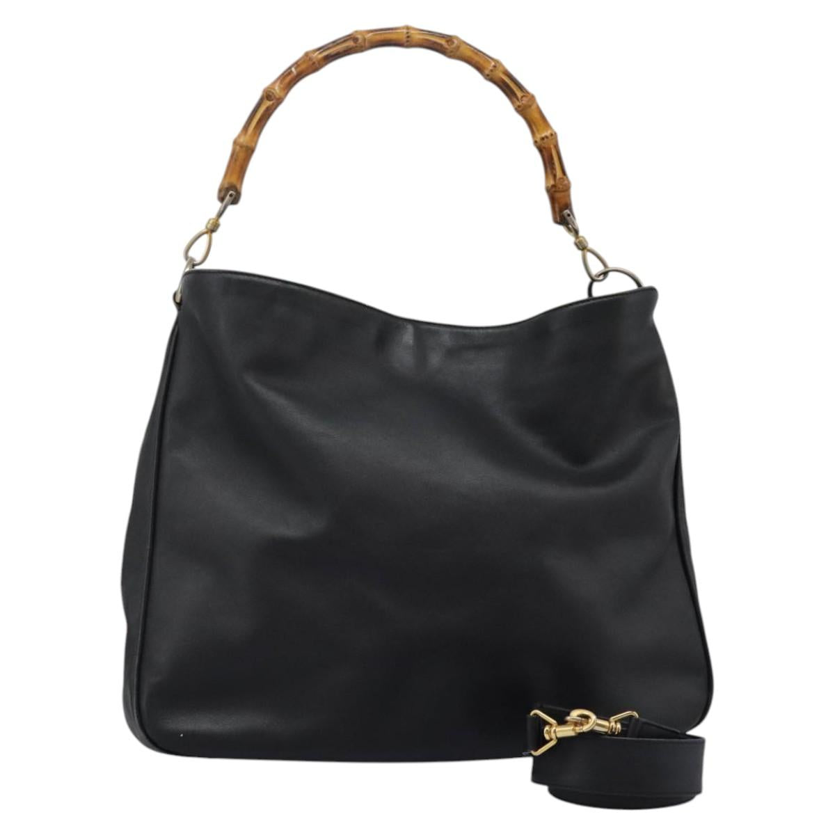 GUCCI Bamboo Hand Bag Leather 2way Black Gold 001 1781 1577 0 Auth 117029