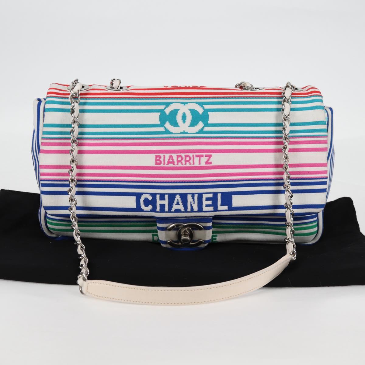 CHANEL Chain Shoulder Bag Canvas White Multicolor CC Auth 117109AM