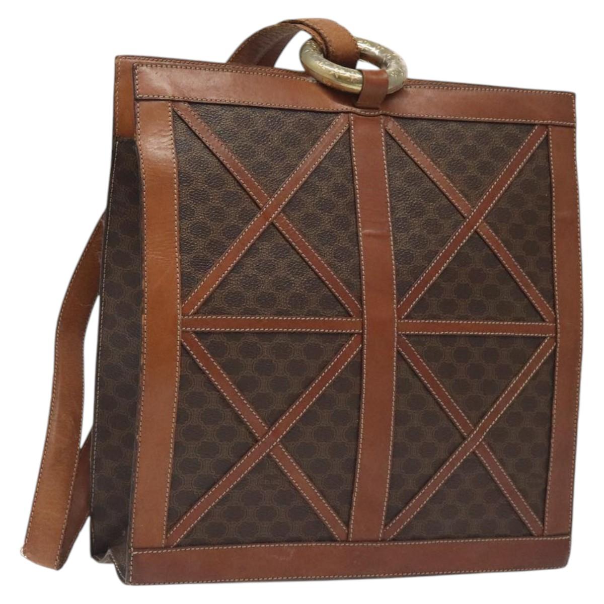 CELINE Macadam Canvas Shoulder Bag PVC Leather Brown Gold Auth 117240