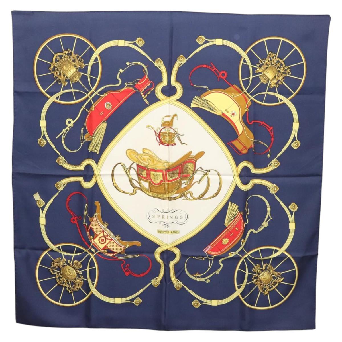 HERMES Carre 90 Scarf ""SPRINGS"" Silk Navy White Auth 117294