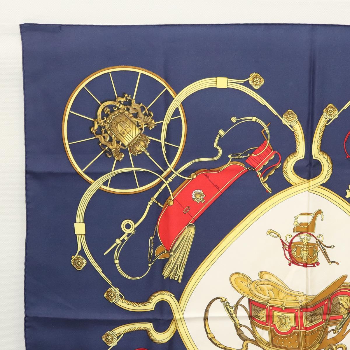 HERMES Carre 90 Scarf ""SPRINGS"" Silk Navy White Auth 117294