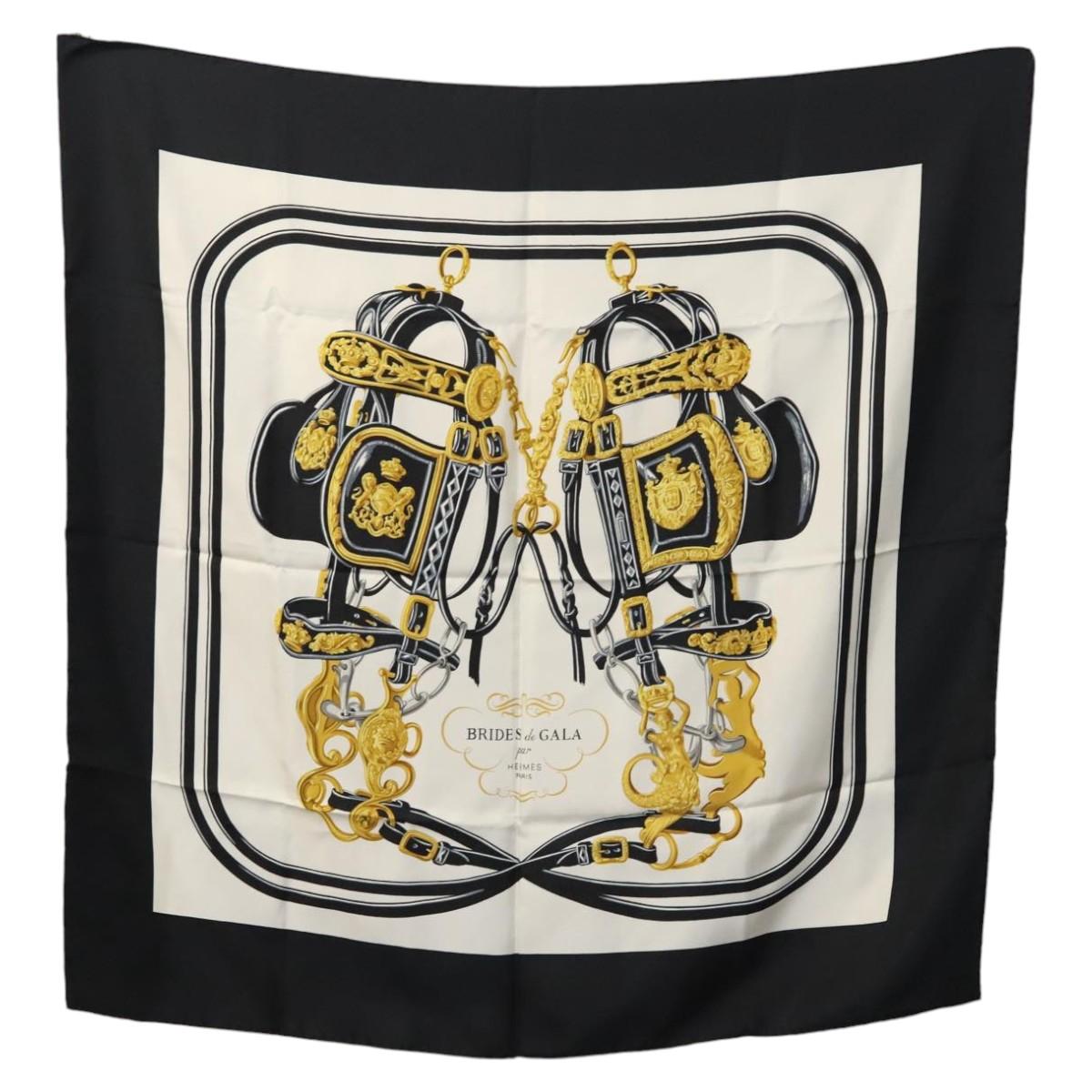 HERMES Carre 90 Scarf BRIDES de GALA Silk Black White Auth 117295