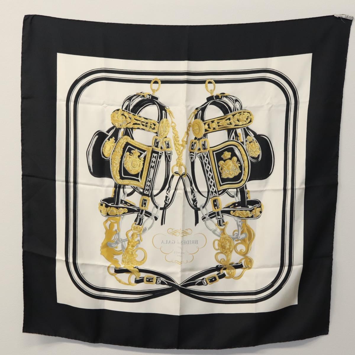 HERMES Carre 90 Scarf BRIDES de GALA Silk Black White Auth 117295