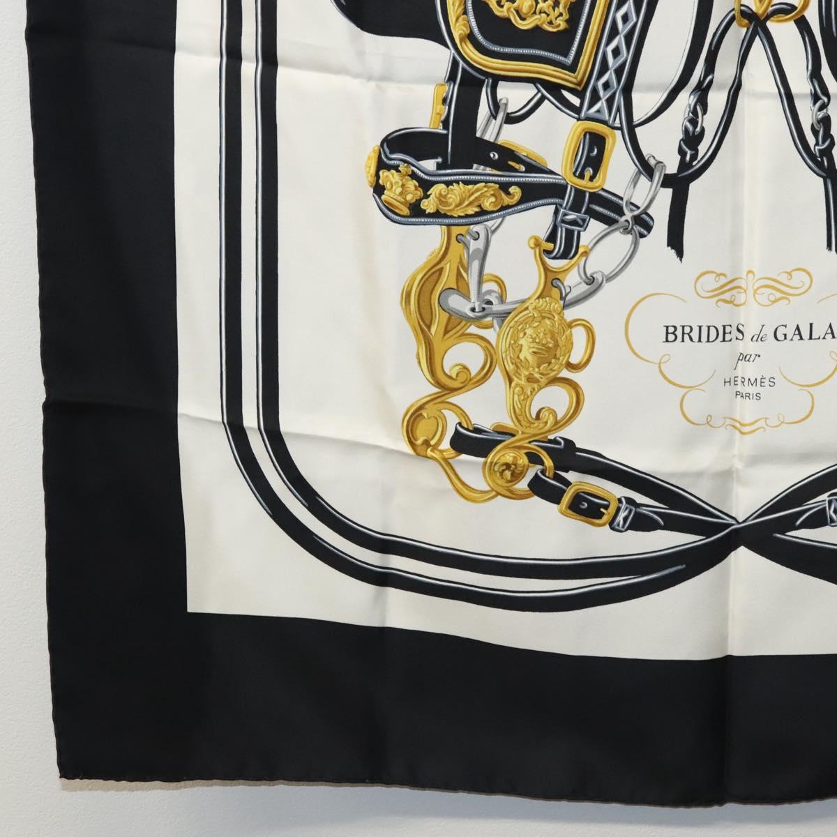HERMES Carre 90 Scarf BRIDES de GALA Silk Black White Auth 117295