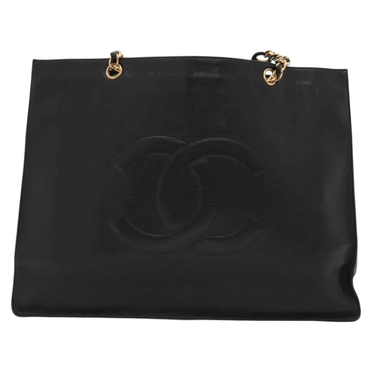 CHANEL COCO Mark Chain Tote Bag Caviar Skin Black CC Auth 117332