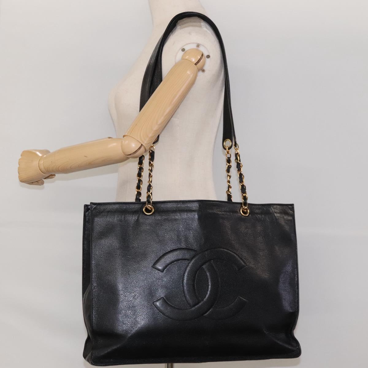CHANEL COCO Mark Chain Tote Bag Caviar Skin Black CC Auth 117332
