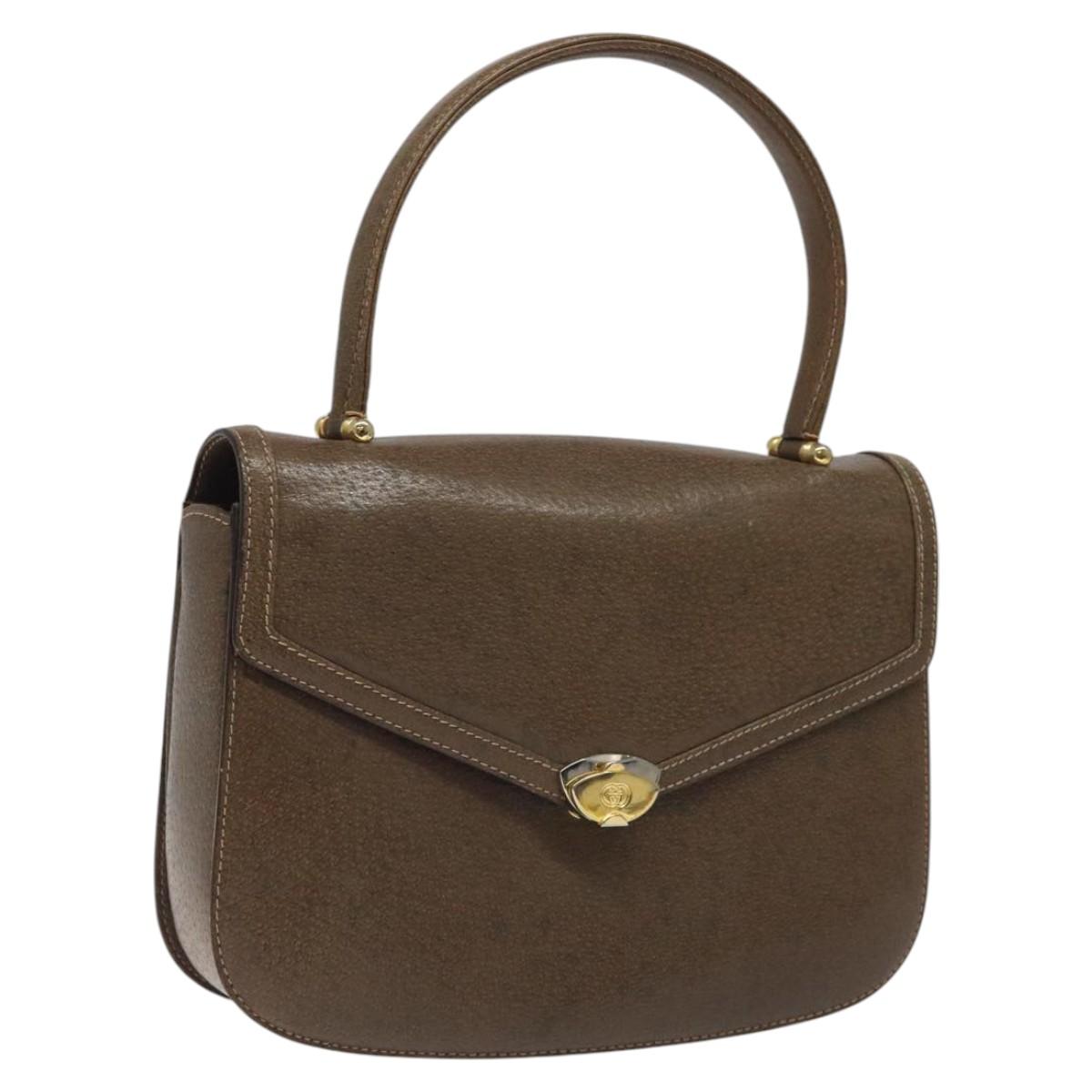 GUCCI Hand Bag Leather Brown Gold Auth 117348