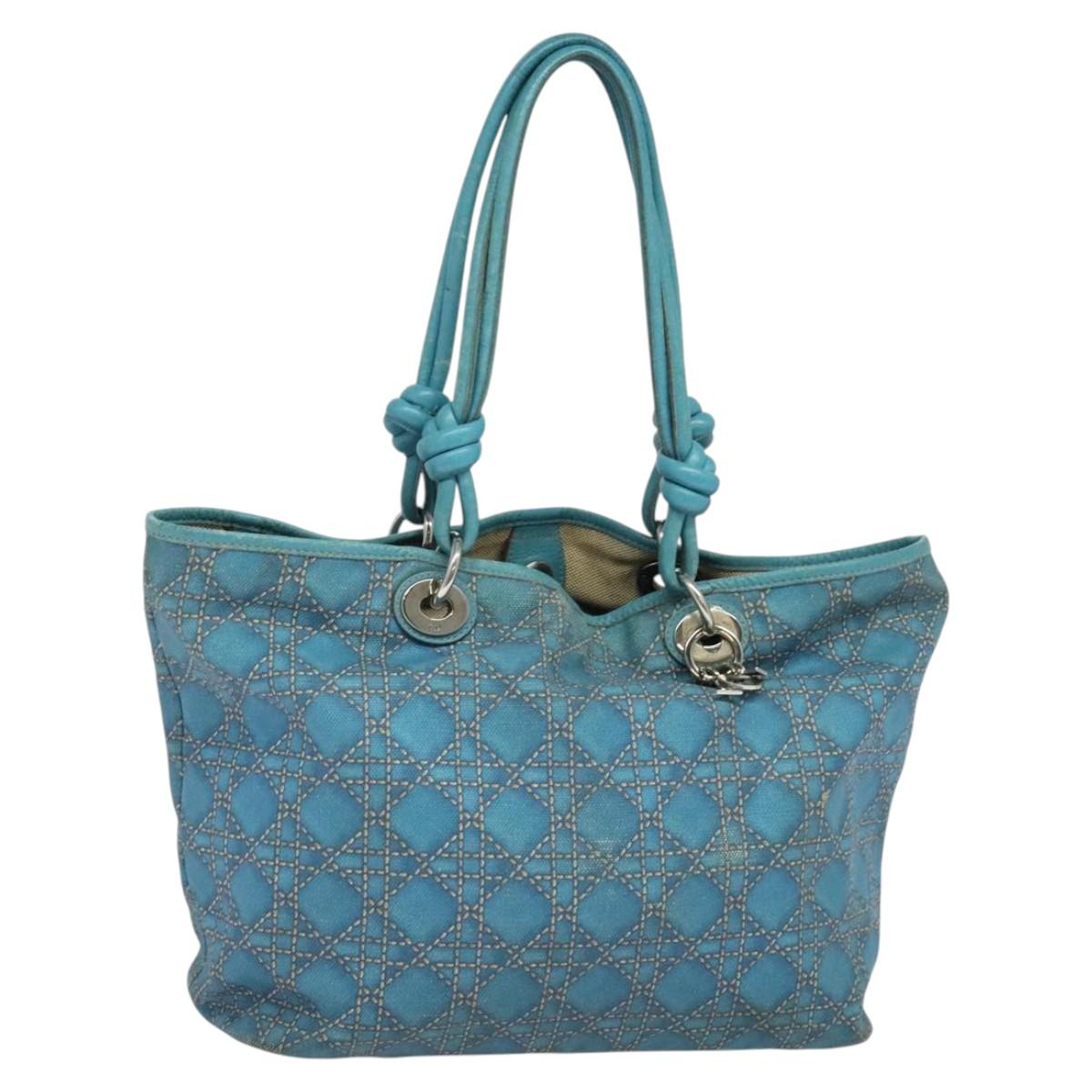 Christian Dior Canage Tote Bag Coated Canvas Blue Silver Auth 117361