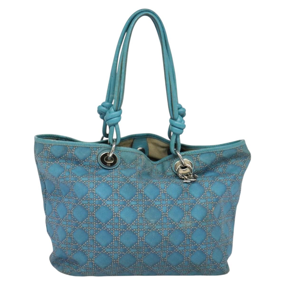 Christian Dior Canage Tote Bag Coated Canvas Blue Silver Auth 117361
