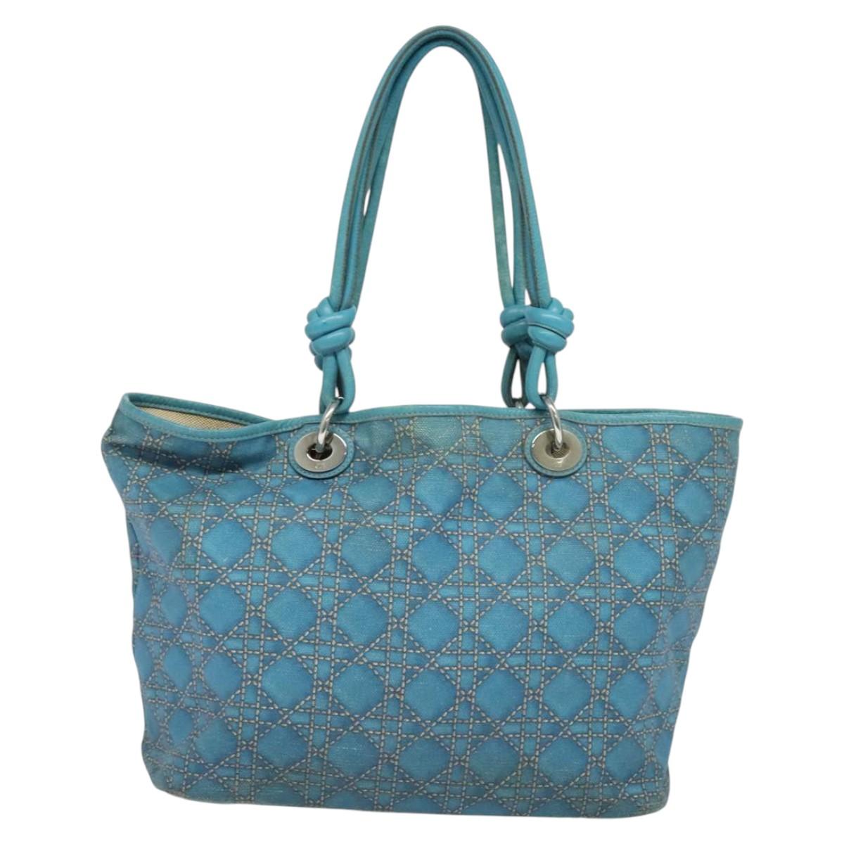 Christian Dior Canage Tote Bag Coated Canvas Blue Silver Auth 117361