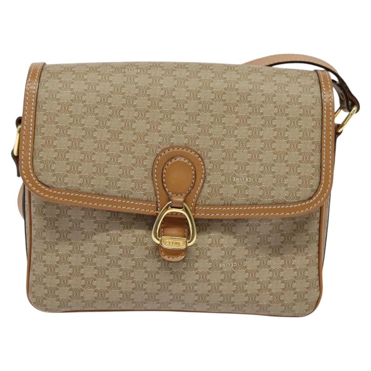 CELINE Macadam Canvas Shoulder Bag Beige Gold Auth 117362