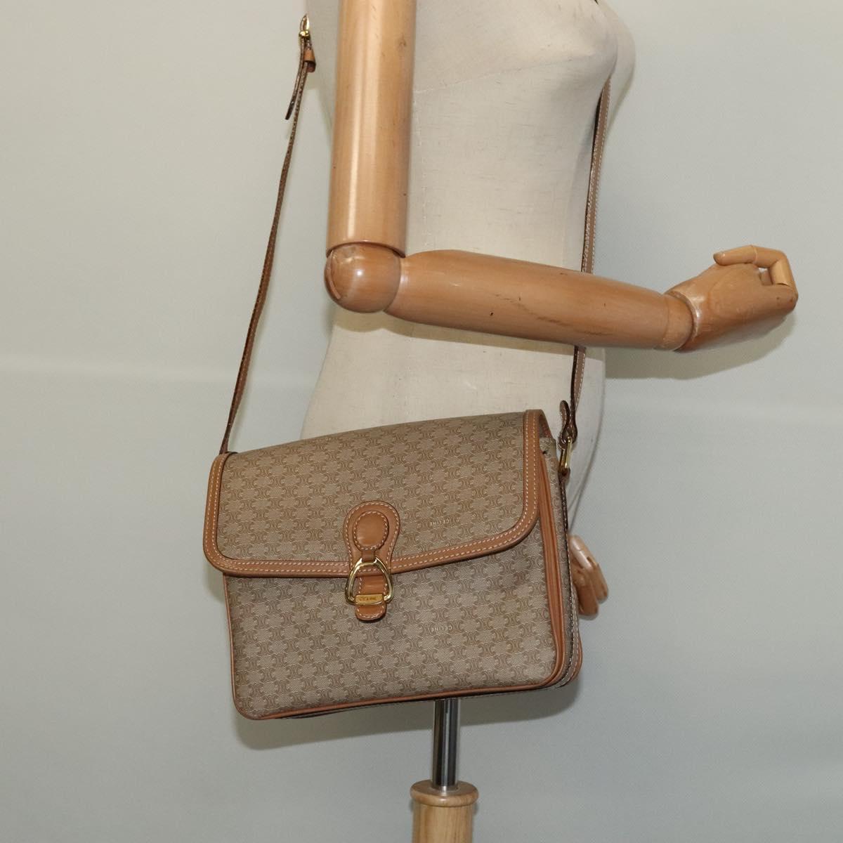CELINE Macadam Canvas Shoulder Bag Beige Gold Auth 117362