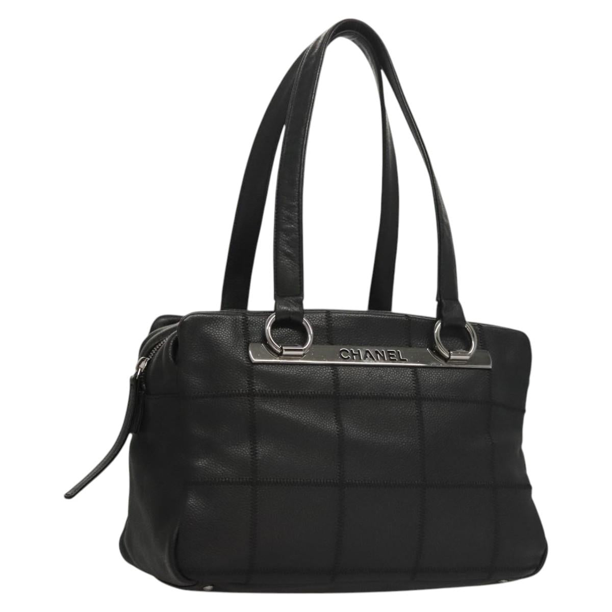 CHANEL Choco Bar Line Shoulder Bag Calf Skin Black CC Auth 117397