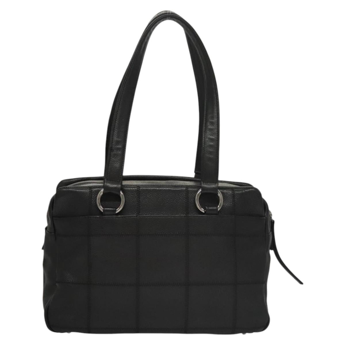 CHANEL Choco Bar Line Shoulder Bag Calf Skin Black CC Auth 117397