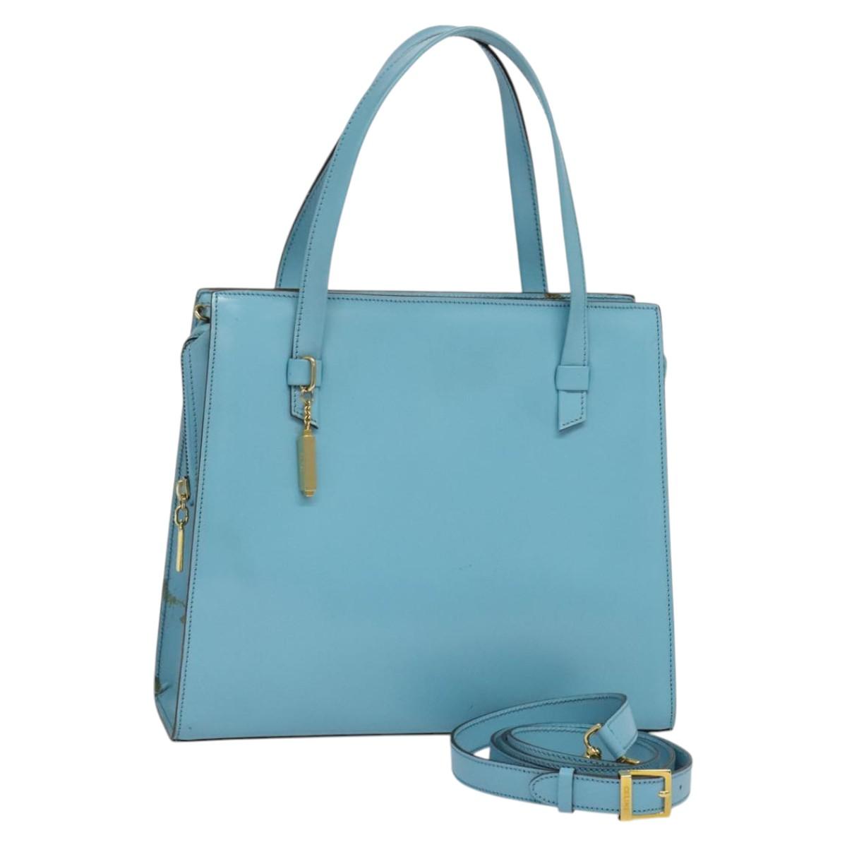 CELINE Hand Bag Leather 2way Light Blue Gold Auth 117415