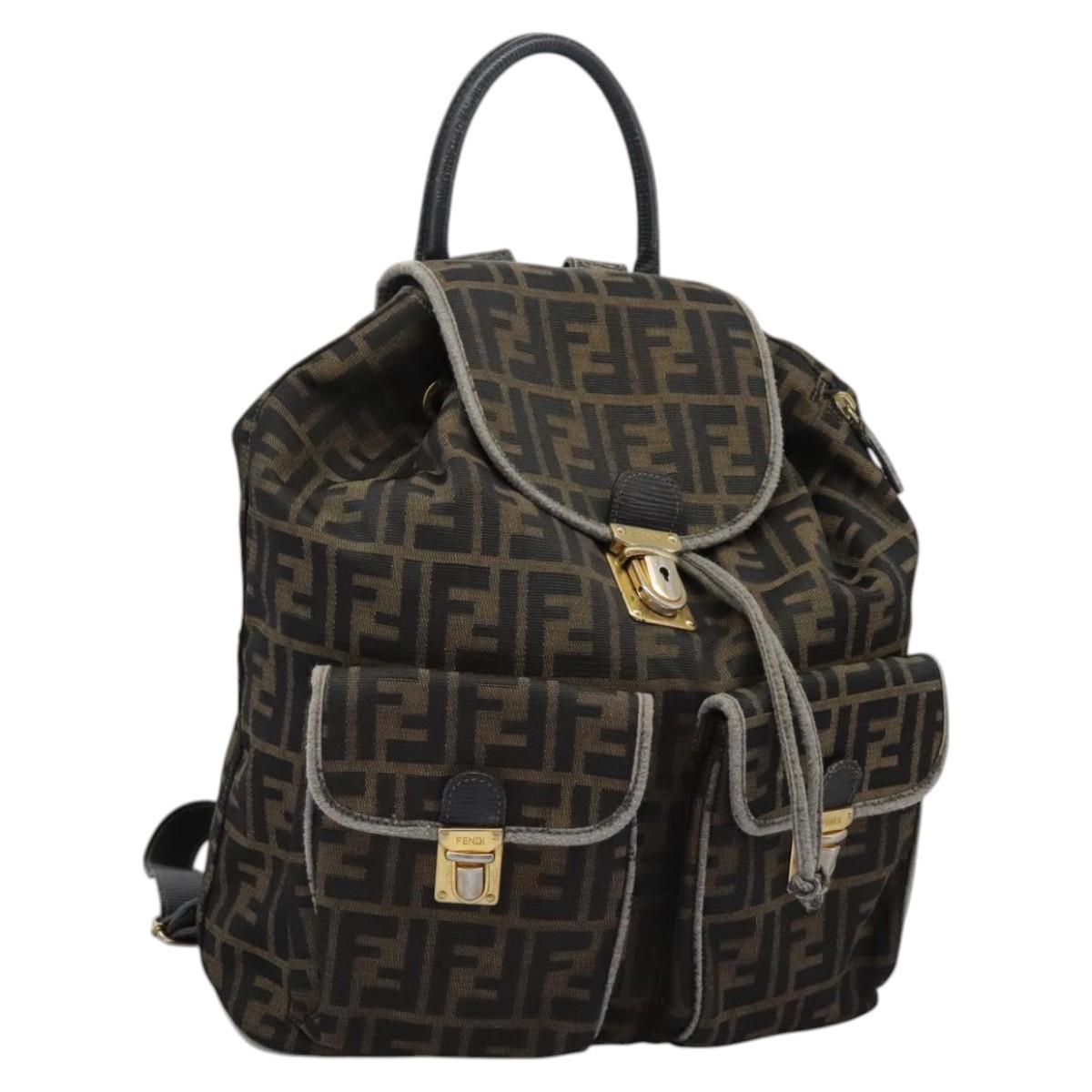 FENDI Zucca Canvas Backpack Brown Black gold Auth 117434