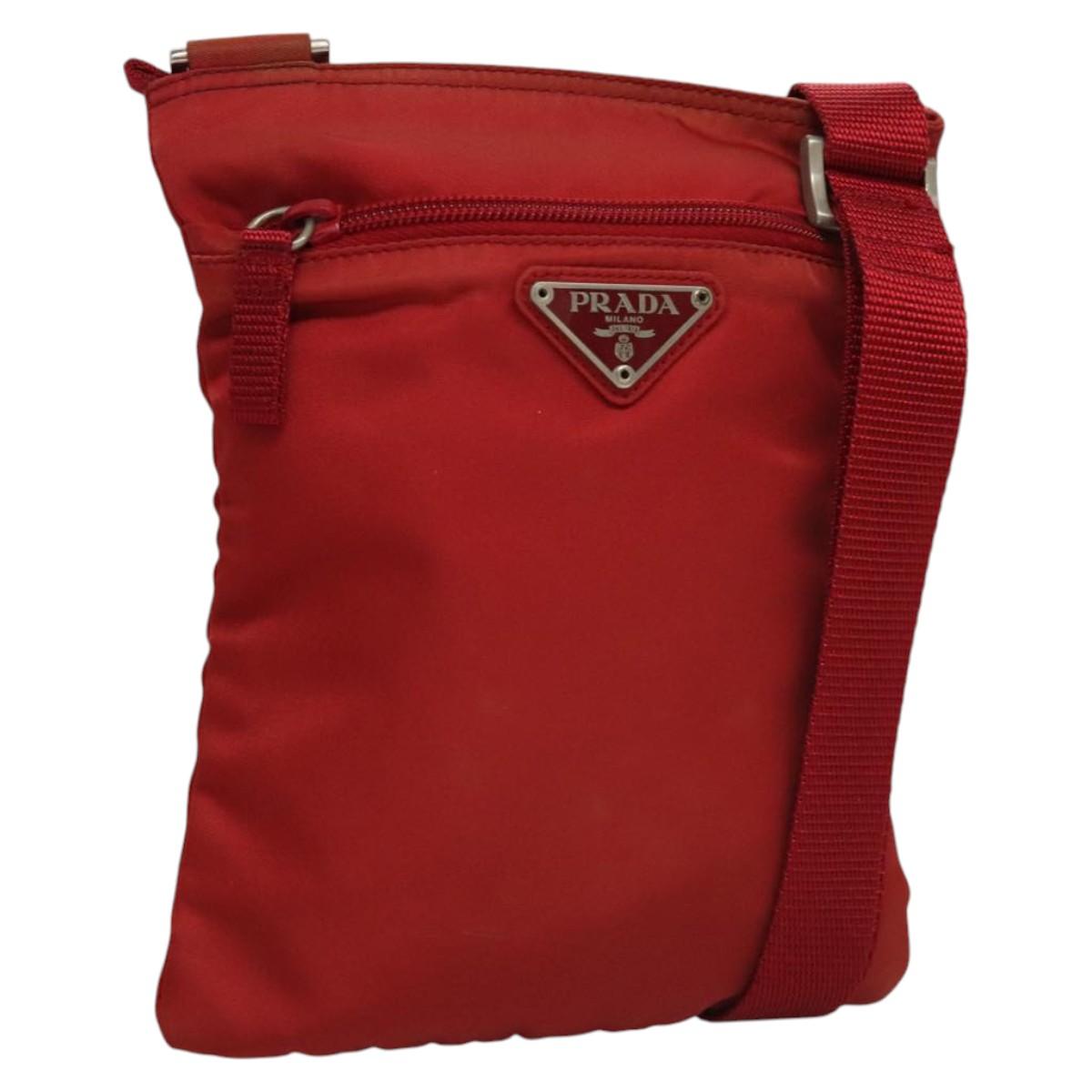 PRADA Shoulder Bag Nylon Red Silver Auth 117471