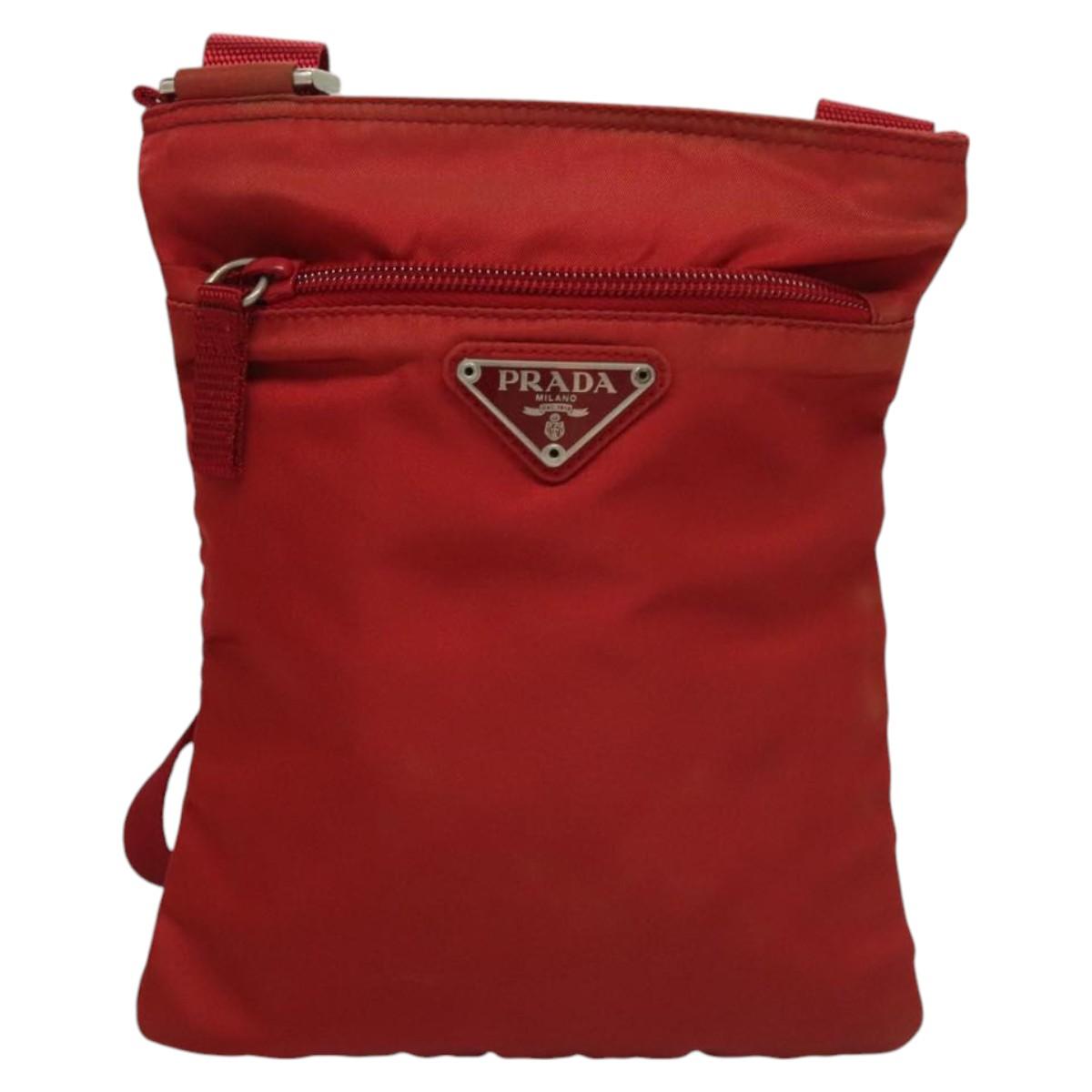 PRADA Shoulder Bag Nylon Red Silver Auth 117471