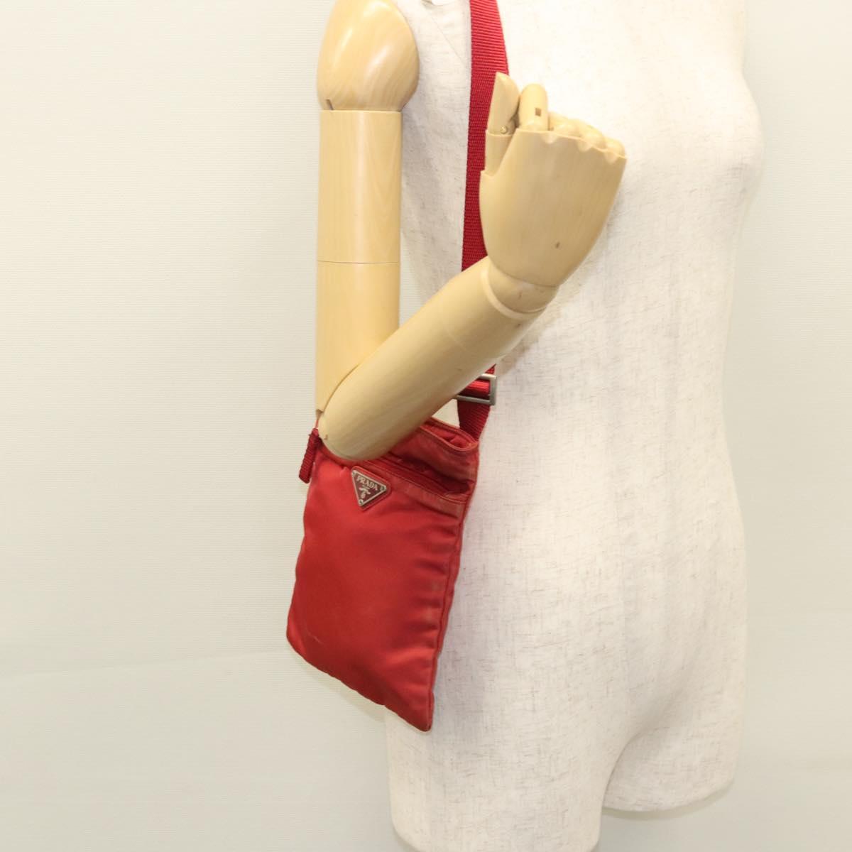 PRADA Shoulder Bag Nylon Red Silver Auth 117471