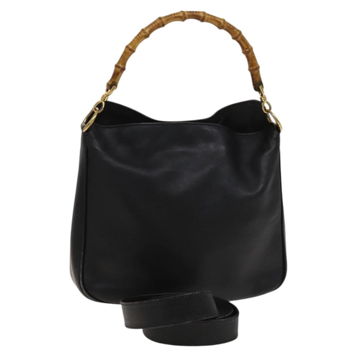 GUCCI Bamboo Hand Bag Leather 2way Black Gold 001 2113 1638 Auth 117509