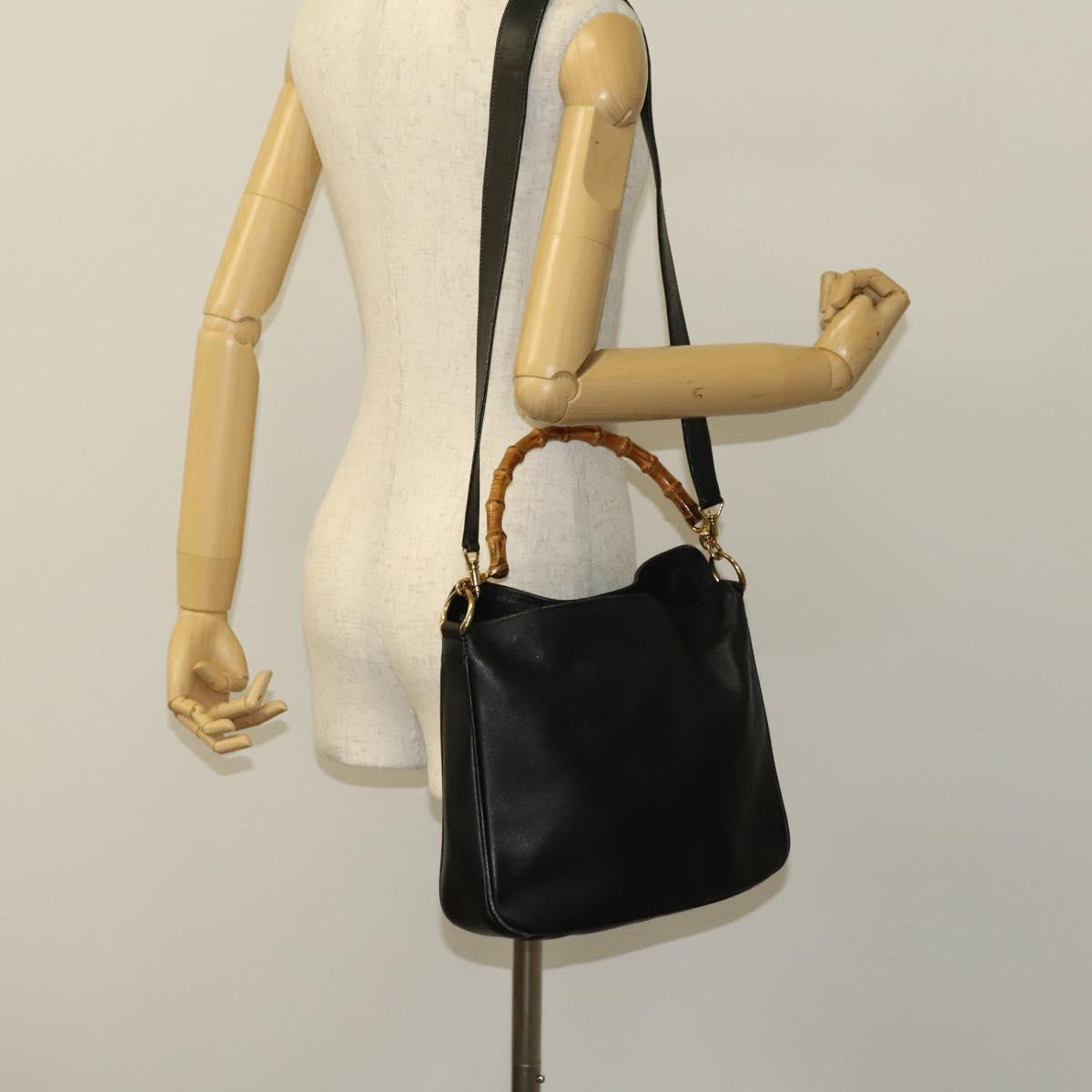 GUCCI Bamboo Hand Bag Leather 2way Black Gold 001 2113 1638 Auth 117509