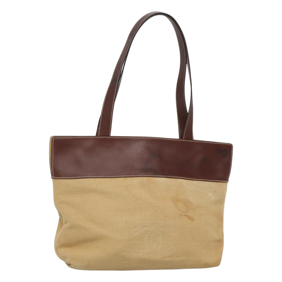 CHANEL COCO Mark Tote Bag Leather Canvas Beige CC Auth 117522
