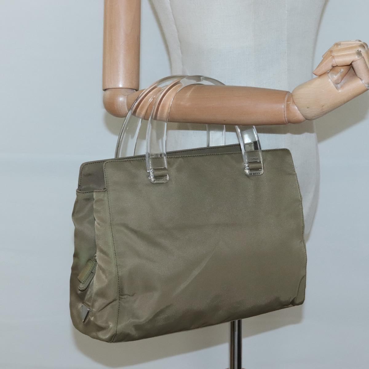 PRADA Hand Bag Nylon Khaki Silver Auth 117534