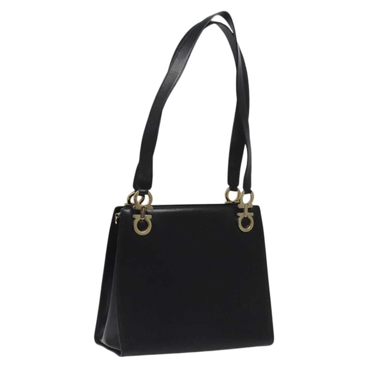 Salvatore Ferragamo Gancini Shoulder Bag Leather Black Gold Auth 117541