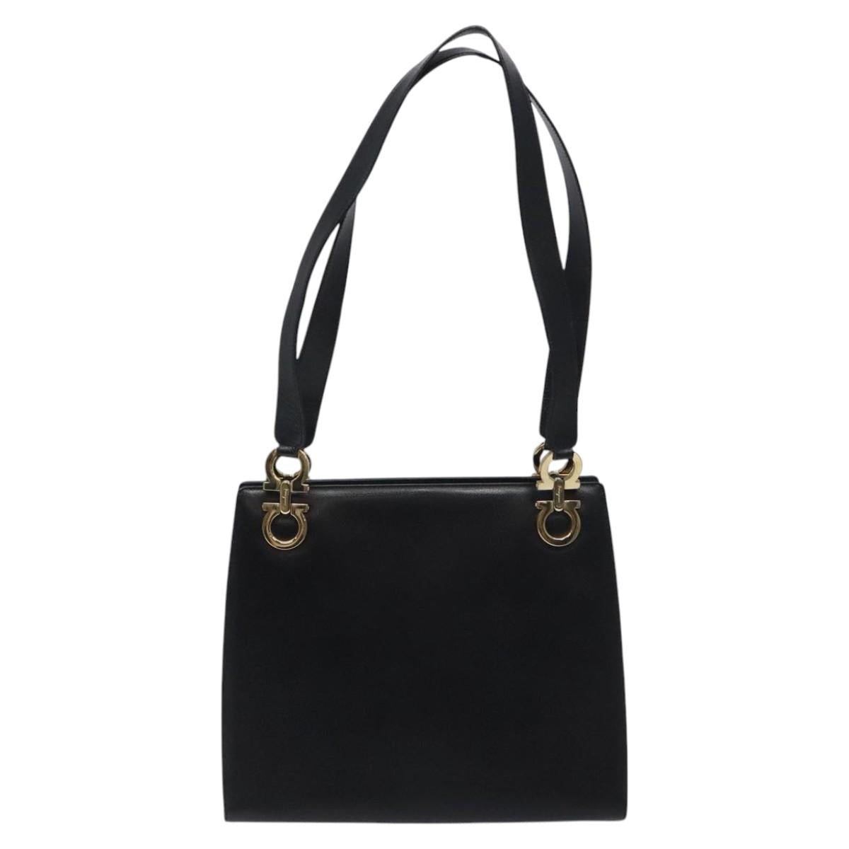 Salvatore Ferragamo Gancini Shoulder Bag Leather Black Gold Auth 117541