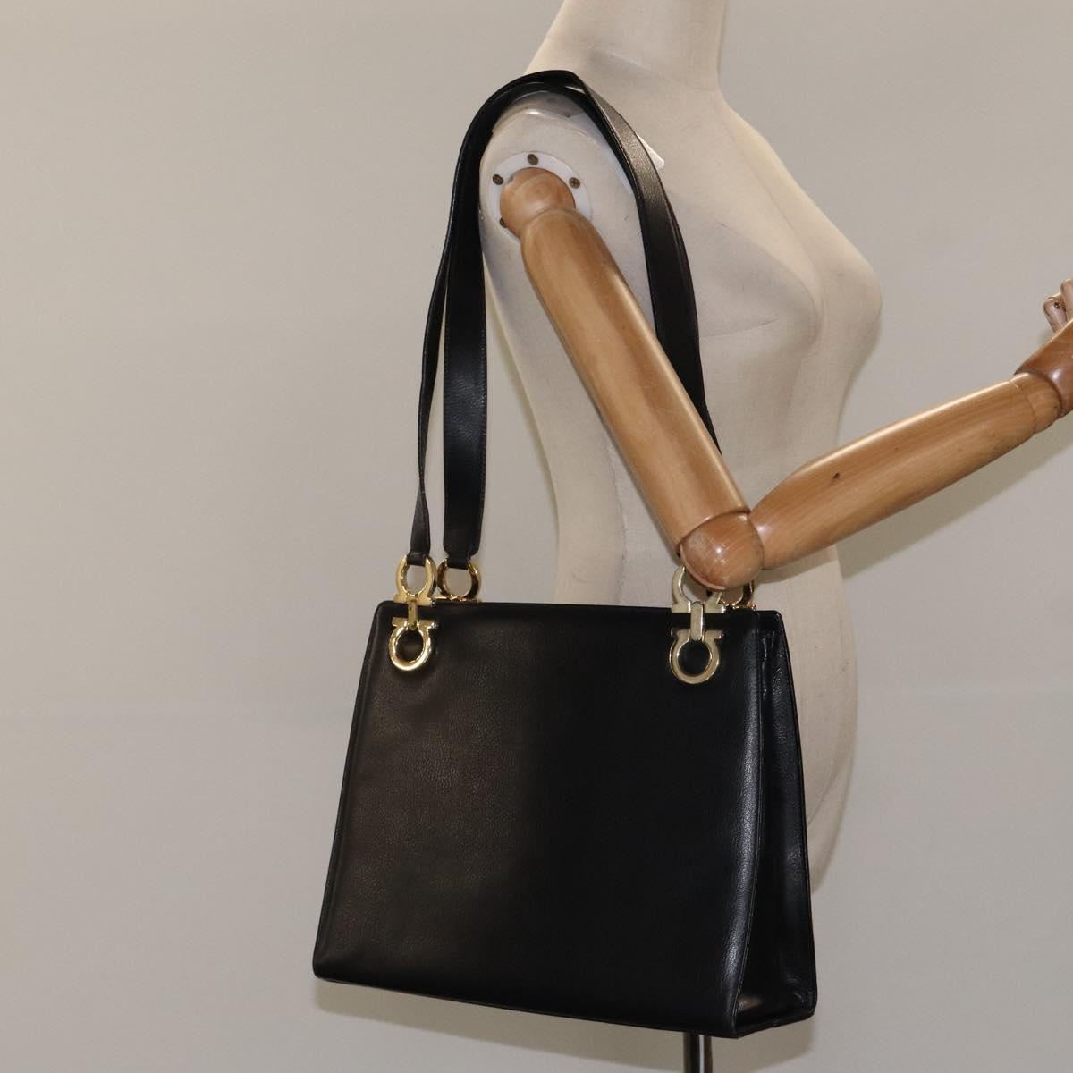 Salvatore Ferragamo Gancini Shoulder Bag Leather Black Gold Auth 117541