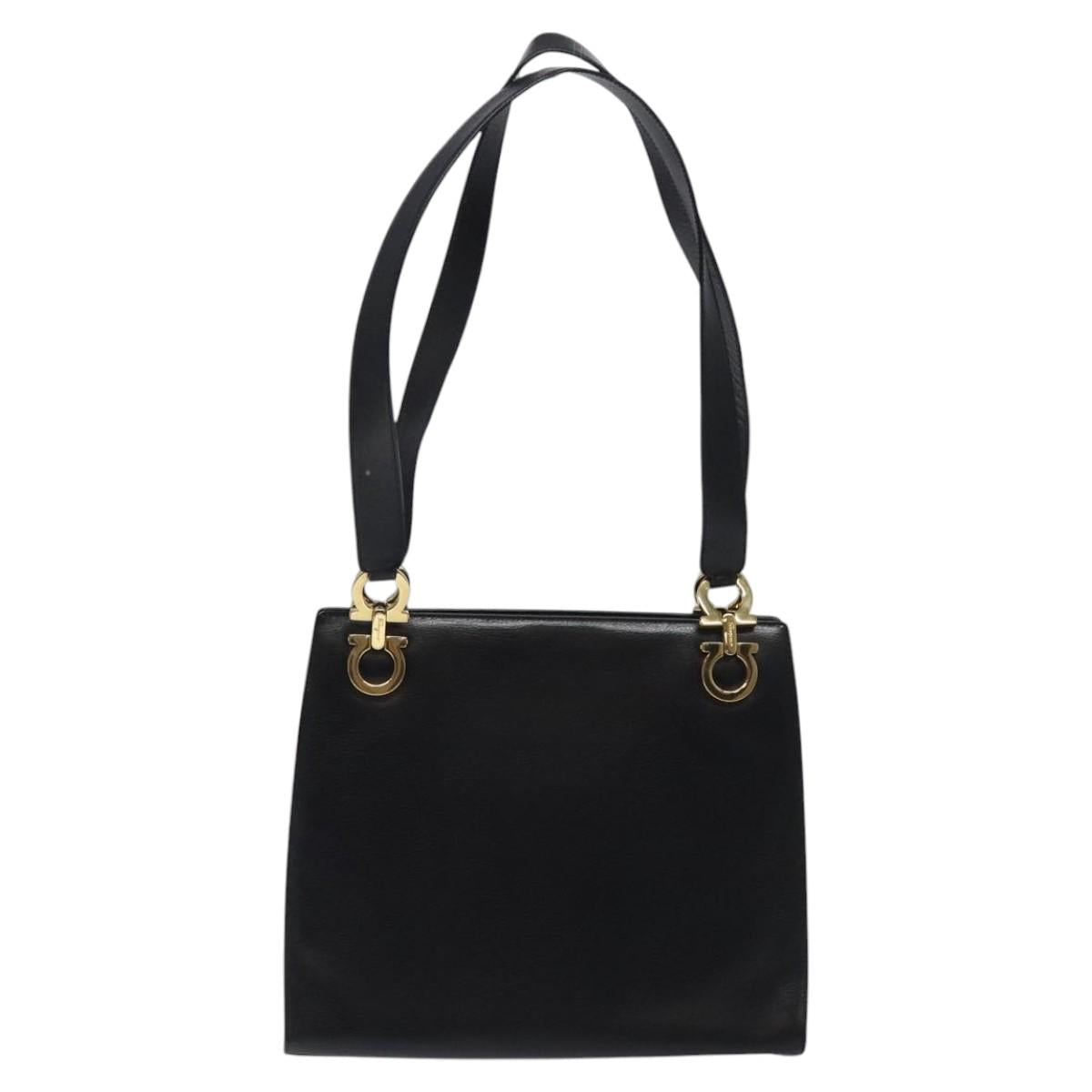 Salvatore Ferragamo Gancini Shoulder Bag Leather Black Gold Auth 117541