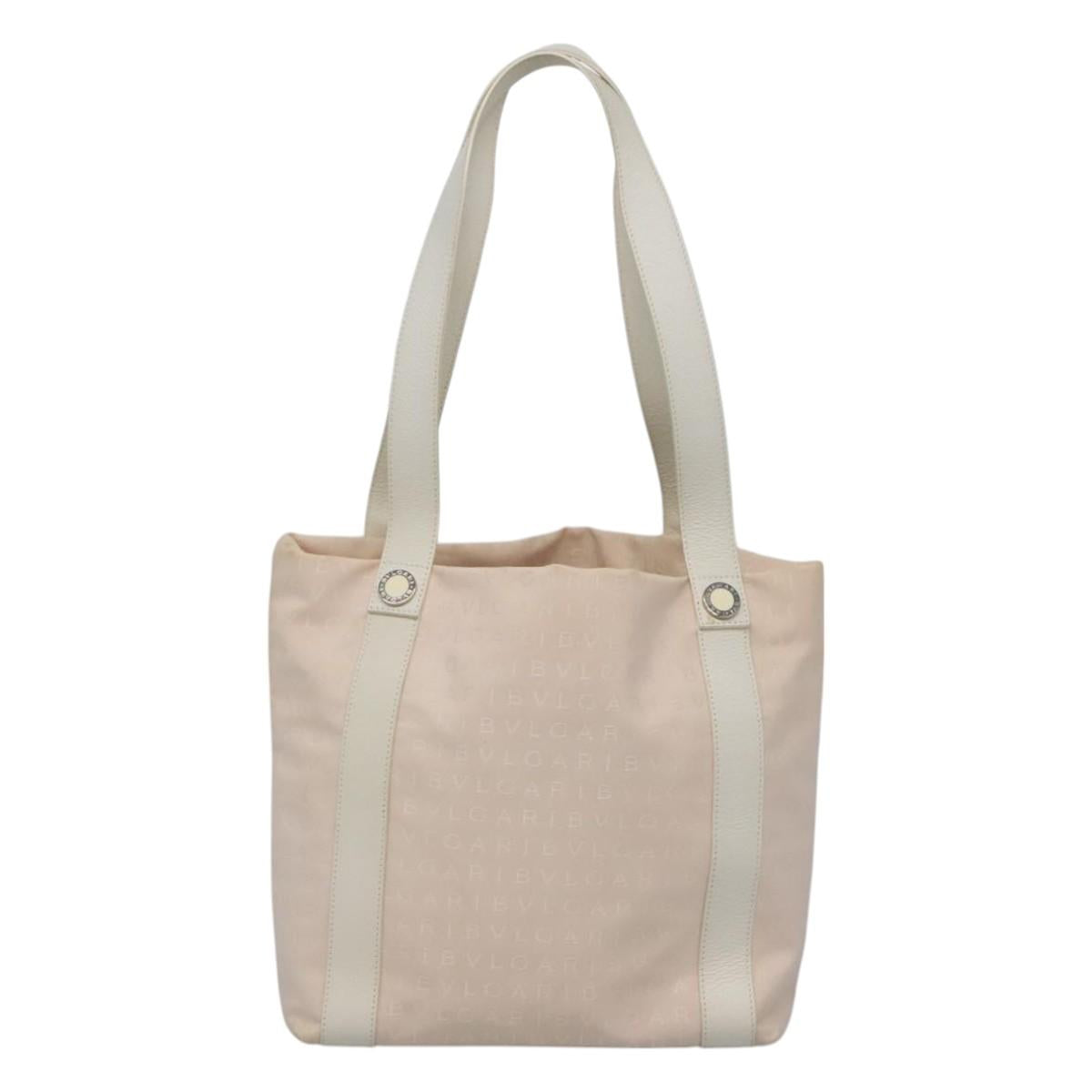 BVLGARI Logo Mania Tote Bag Canvas Pink White Silver Auth 117578