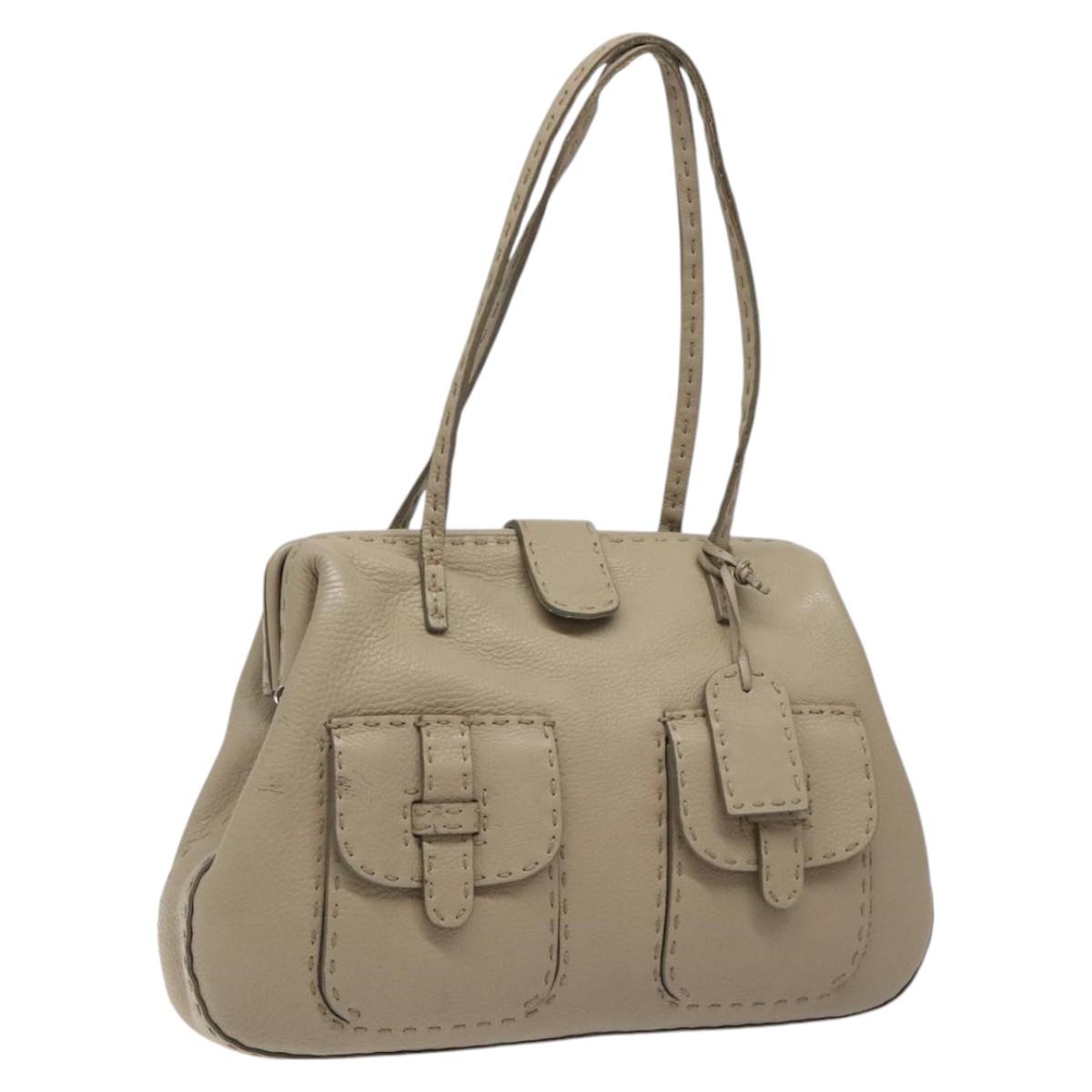 FENDI Celeria Tote Bag Leather Beige Auth 117585