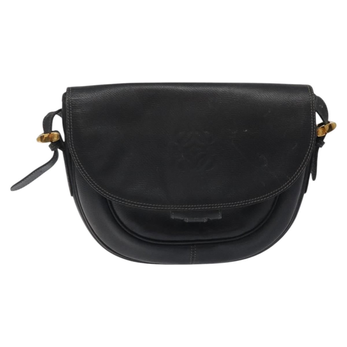 LOEWE Anagram Shoulder Bag Leather Black Gold Auth 117596