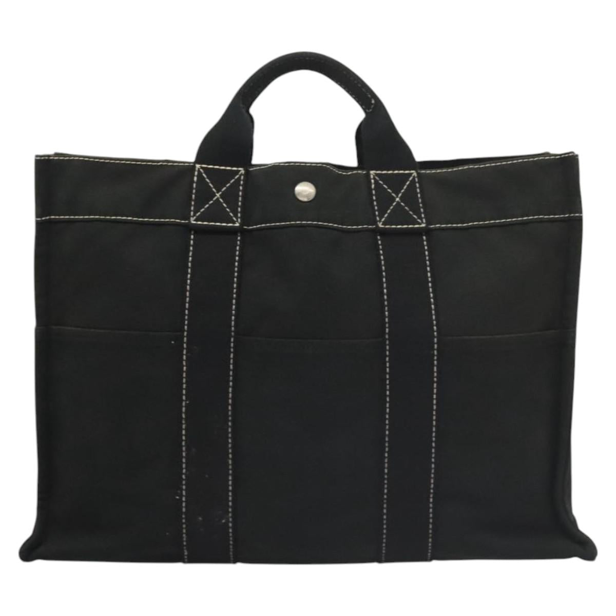 HERMES Deauville MM Tote Bag Canvas Black Silver Auth 117605