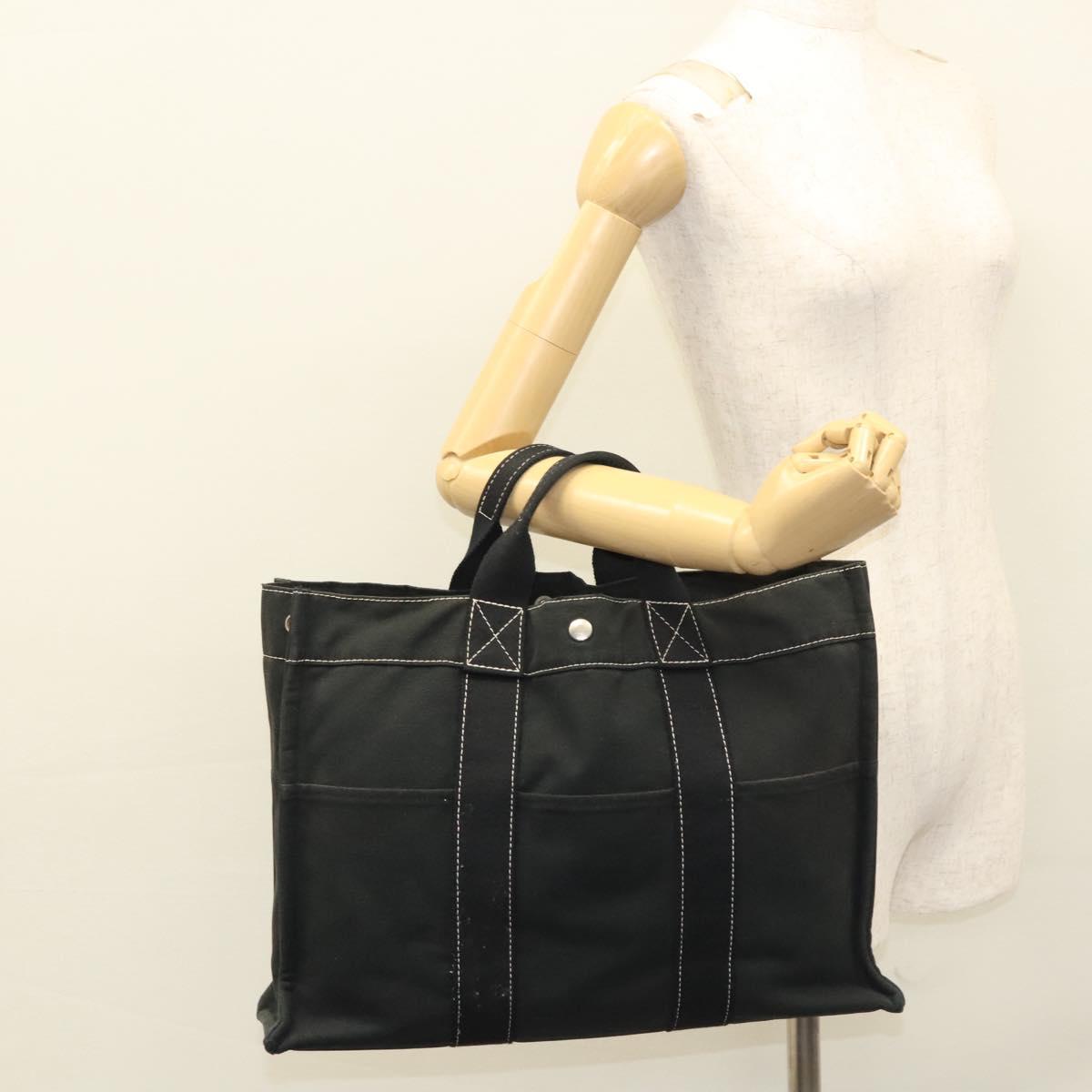 HERMES Deauville MM Tote Bag Canvas Black Silver Auth 117605