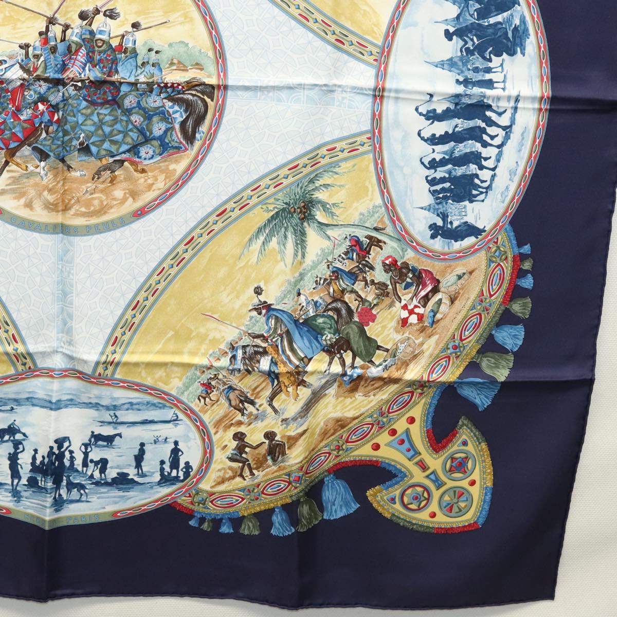 HERMES Carre 90 Scarf CAVALIERS PEULS Silk Navy Auth 117653