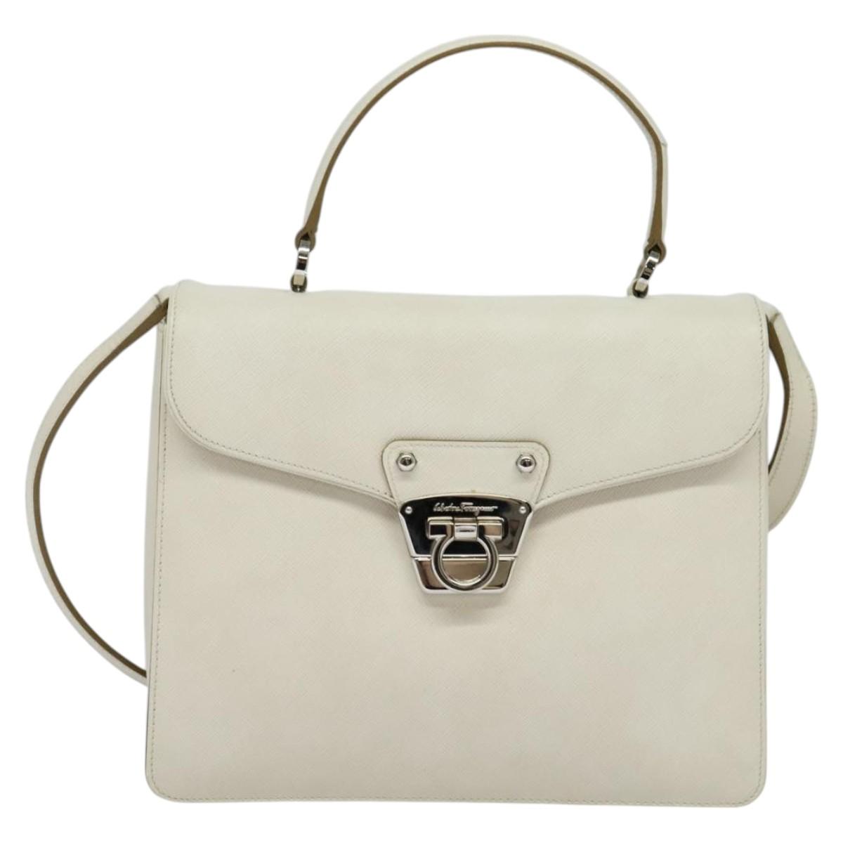 Salvatore Ferragamo Gancini Hand Bag Leather 2way White Silver Auth 117671