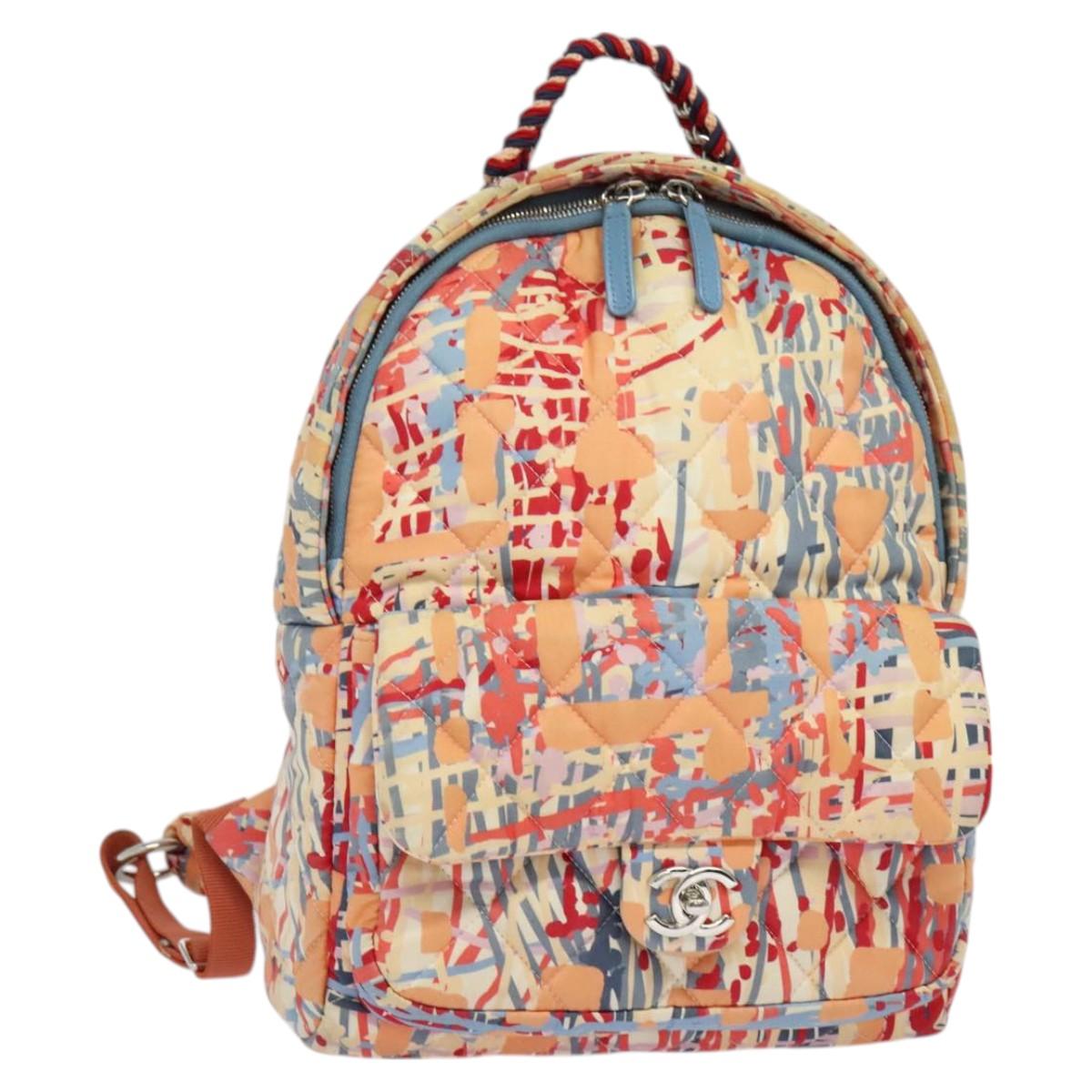 CHANEL Matelasse Backpack Cotton Orange Silver CC Auth 117675