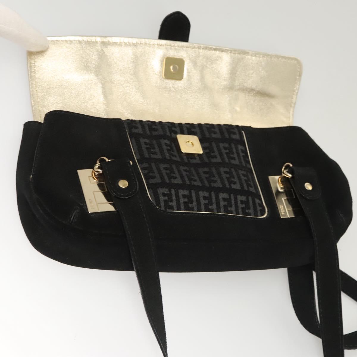 FENDI Zucchino Canvas Shoulder Bag Suede Black Auth 117694
