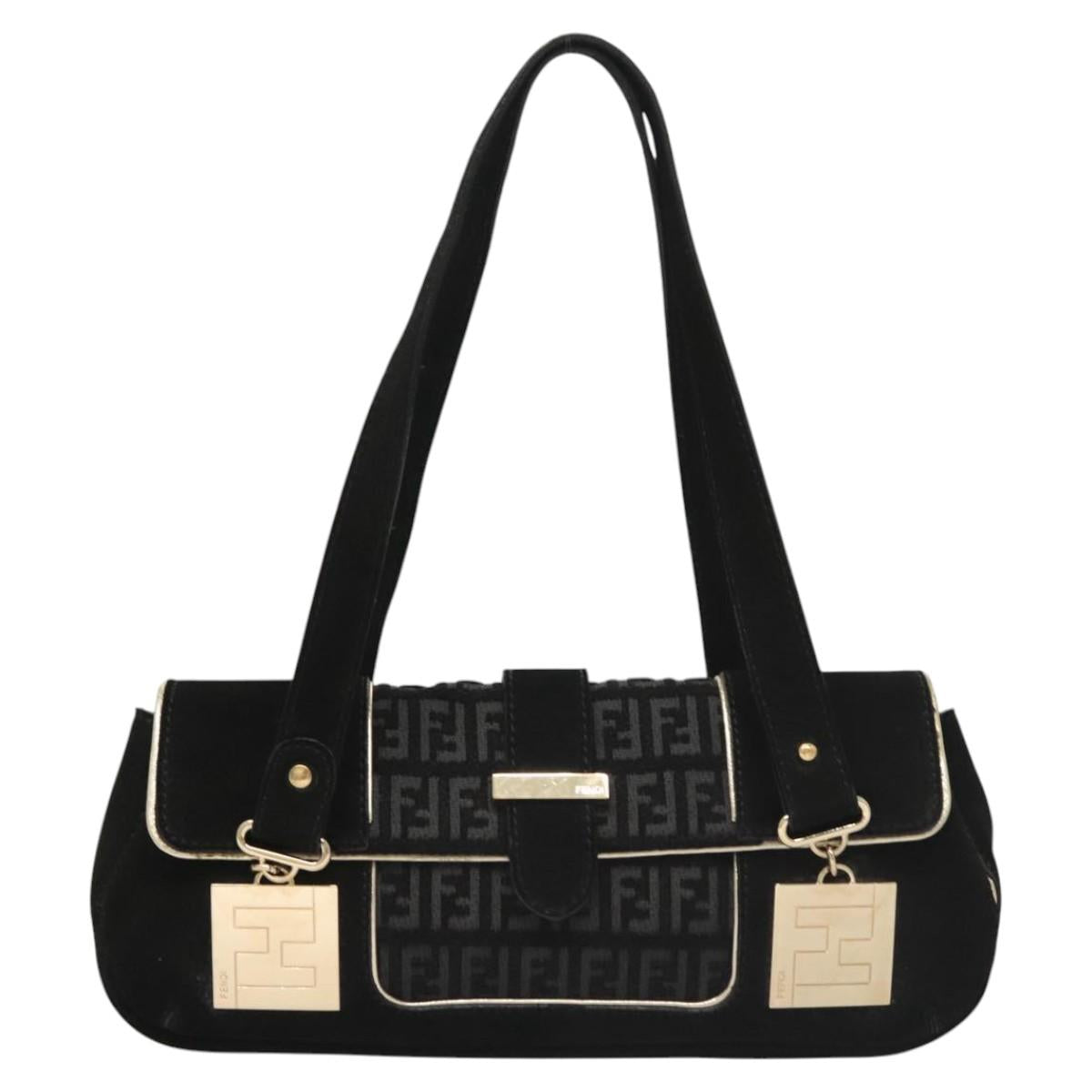 FENDI Zucchino Canvas Shoulder Bag Suede Black Auth 117694