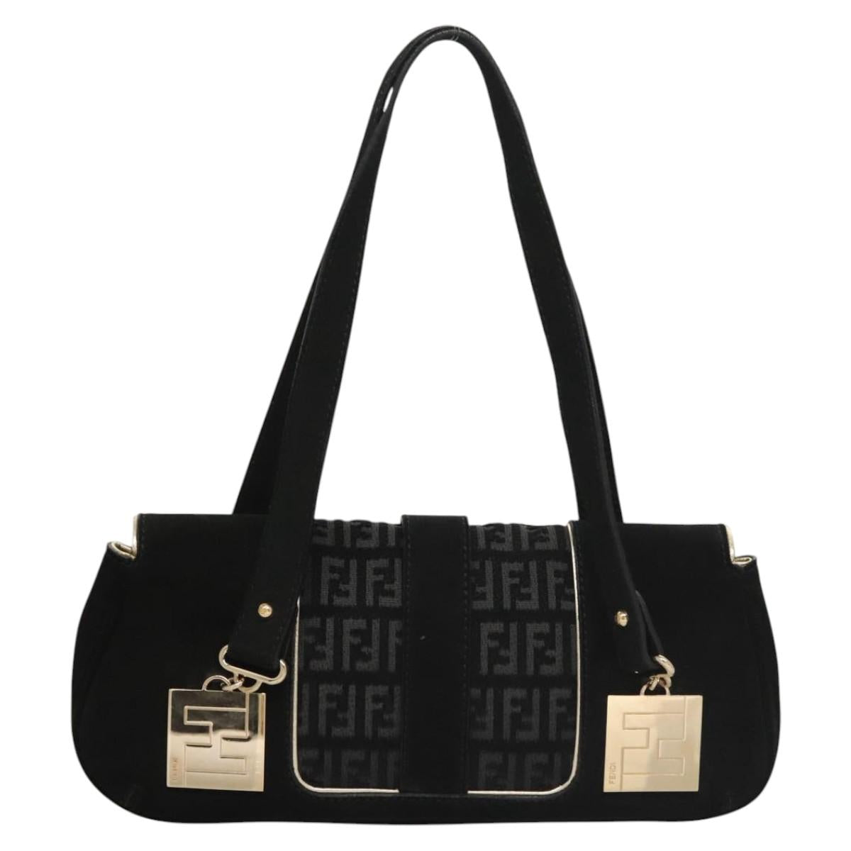 FENDI Zucchino Canvas Shoulder Bag Suede Black Auth 117694