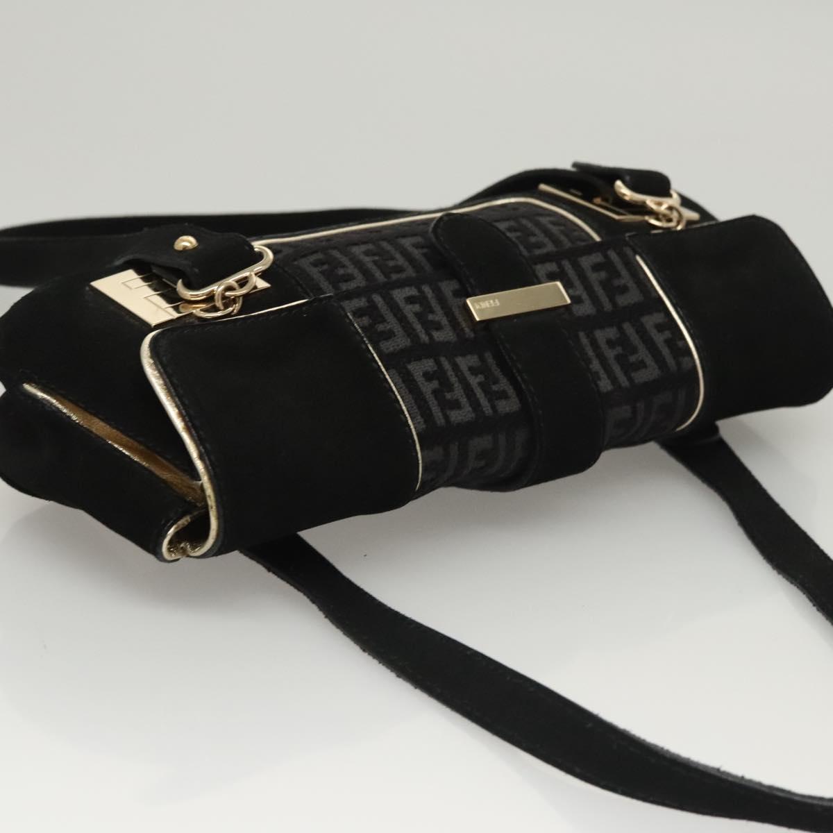 FENDI Zucchino Canvas Shoulder Bag Suede Black Auth 117694