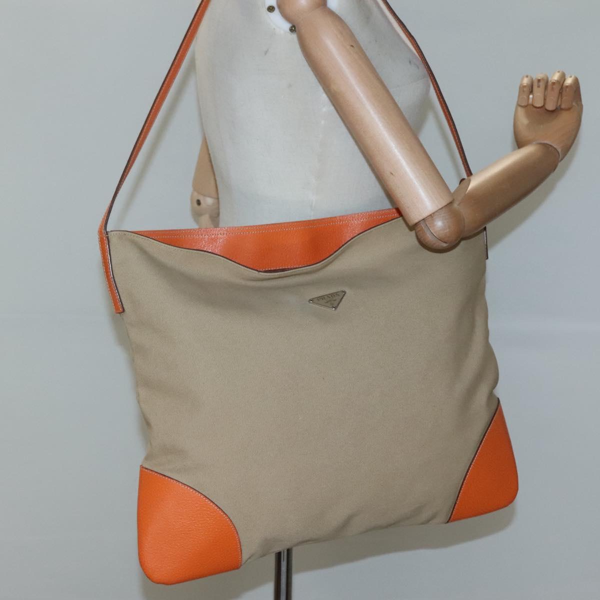 PRADA Tote Bag Canvas Beige Silver Auth 117799