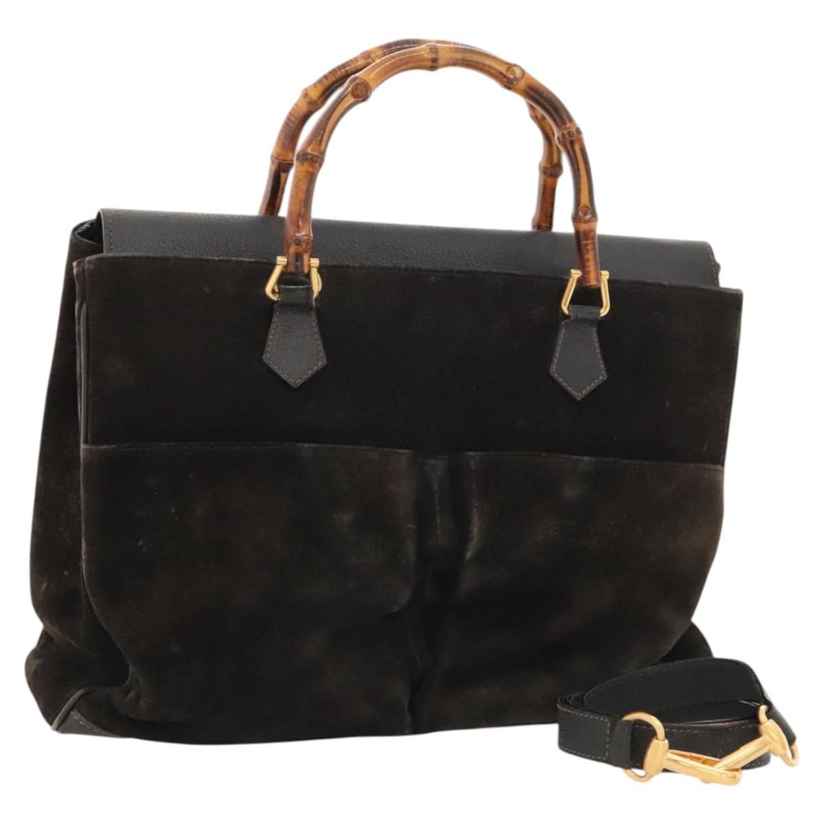 GUCCI Bamboo Hand Bag Suede 2way Black Gold 002 123 0322 Auth 117824