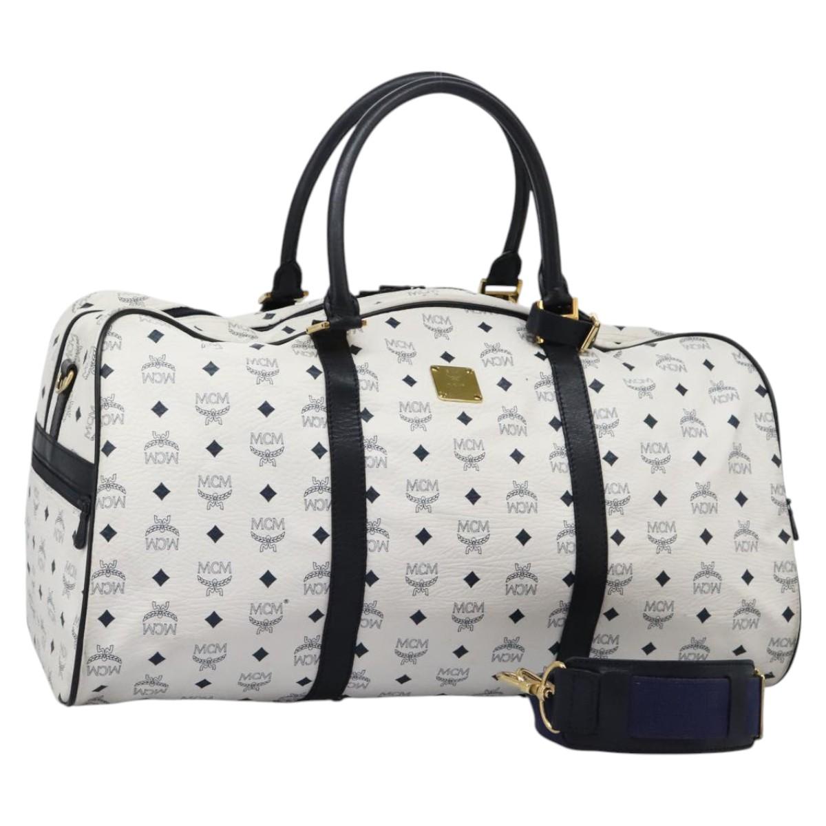 MCM Logogram Vicetos Boston Bag PVC Leather 2way White Gold Auth 117855