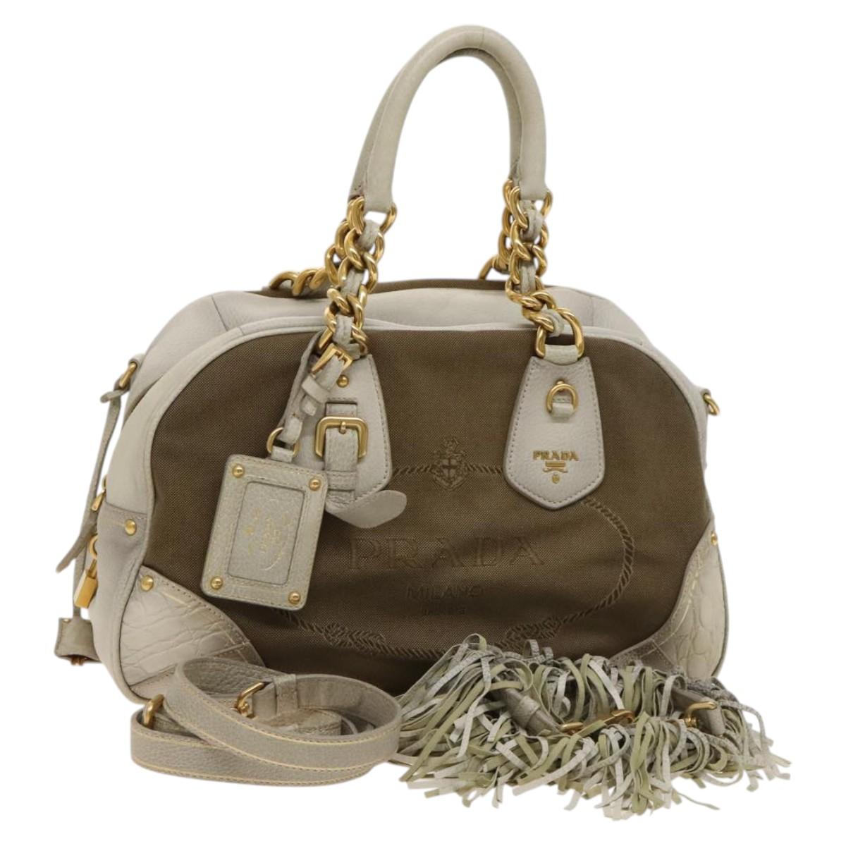 PRADA Hand Bag Canvas 2way Beige Gold Auth 117858