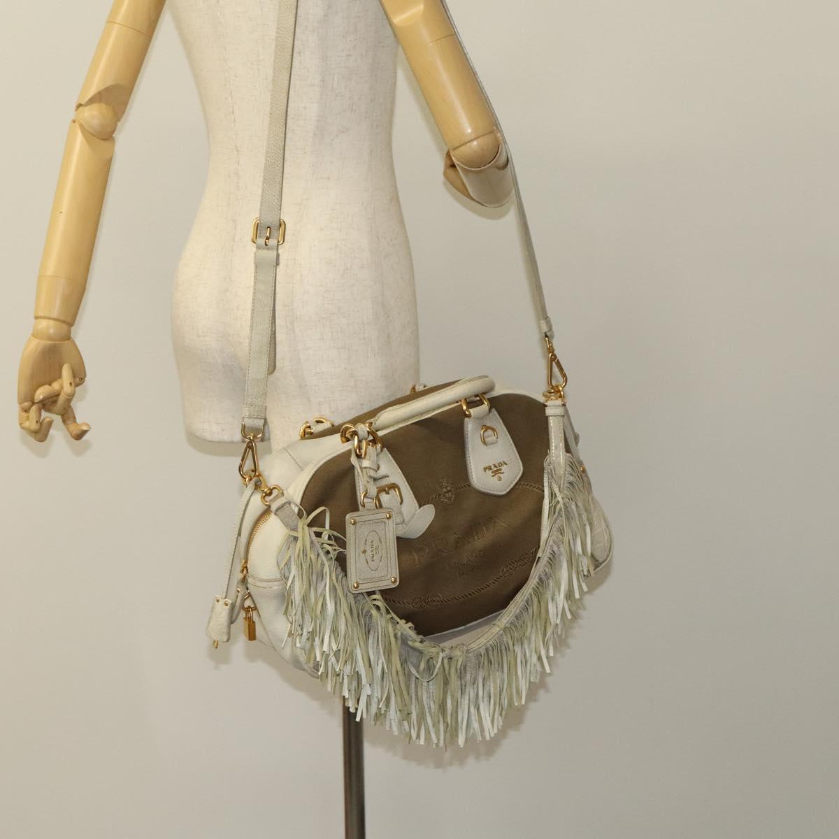 PRADA Hand Bag Canvas 2way Beige Gold Auth 117858