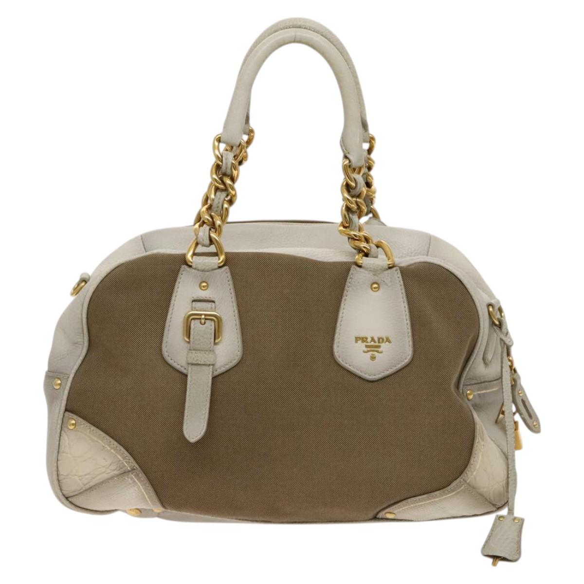 PRADA Hand Bag Canvas 2way Beige Gold Auth 117858