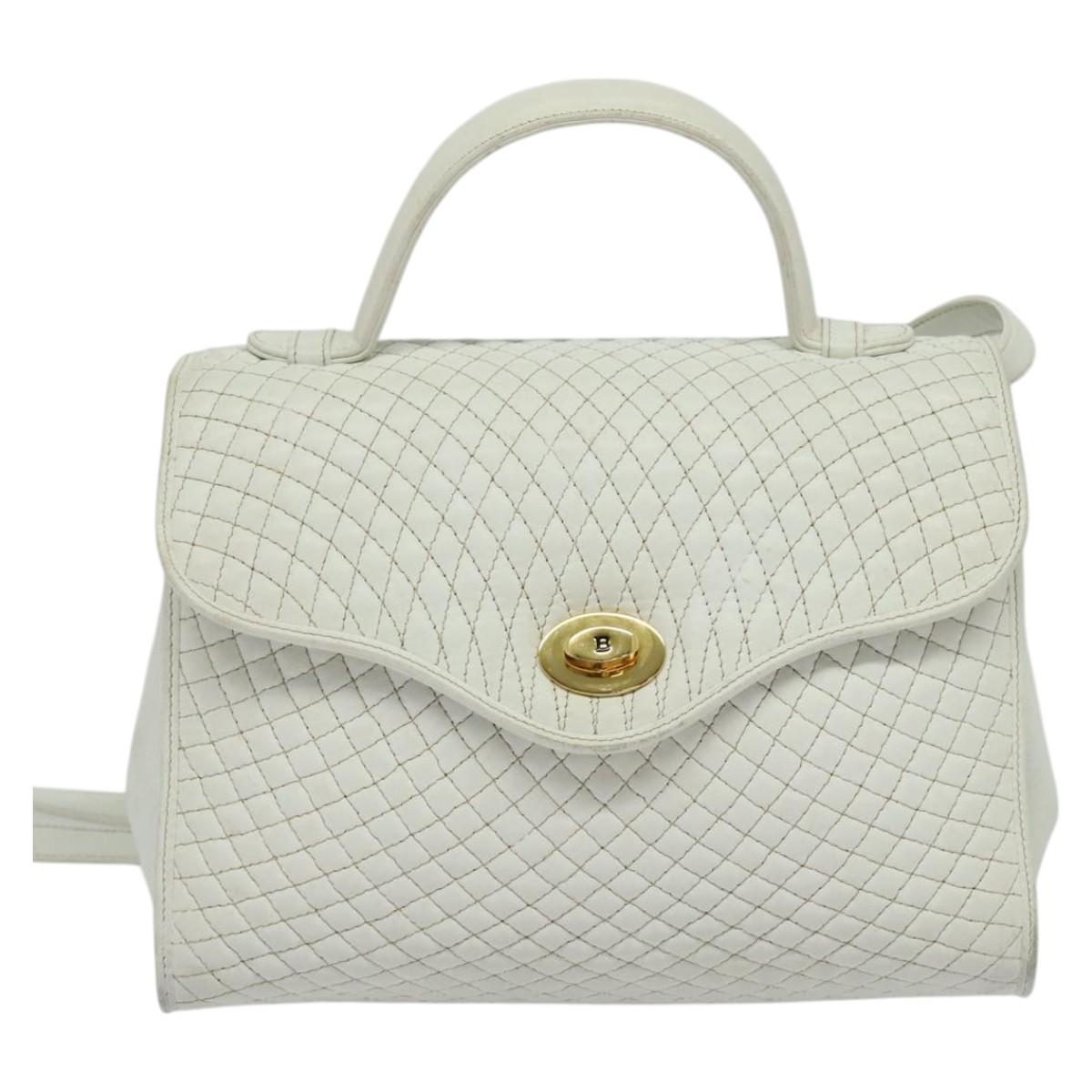BALLY Hand Bag Leather 2way White Gold Auth 117861
